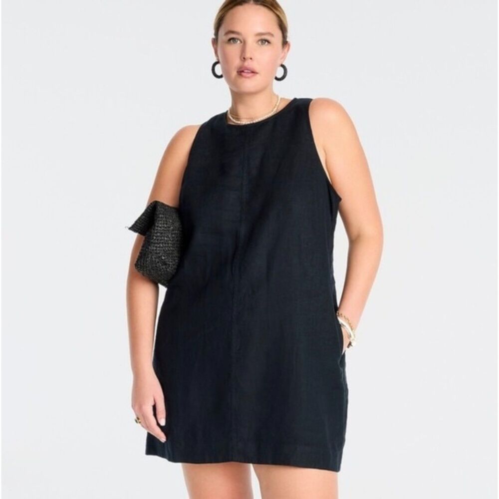100% Linen J. Crew Maxine Button Back Dress Black XXL